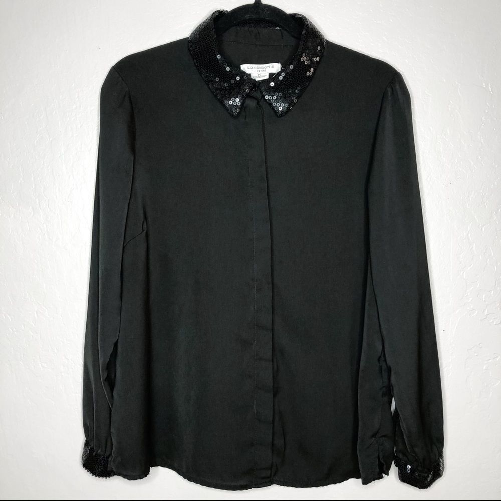 Liz Claiborne Sequence Button Up Black Petite L